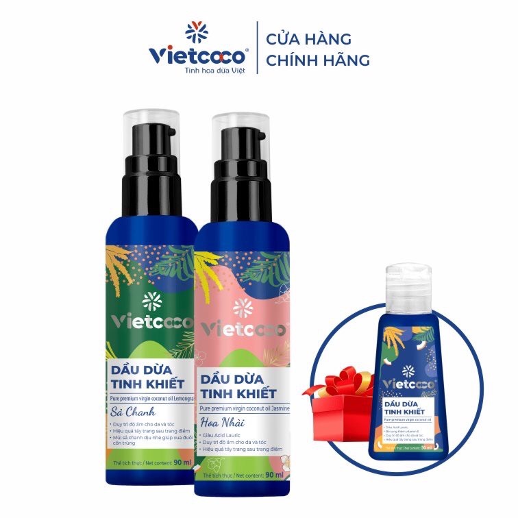 Combo 02 chai Dầu dừa tinh khiết mỹ phẩm Vietcoco 90ml Hoa Nhài và Sả Chanh (Tặng 01 chai 50ml)