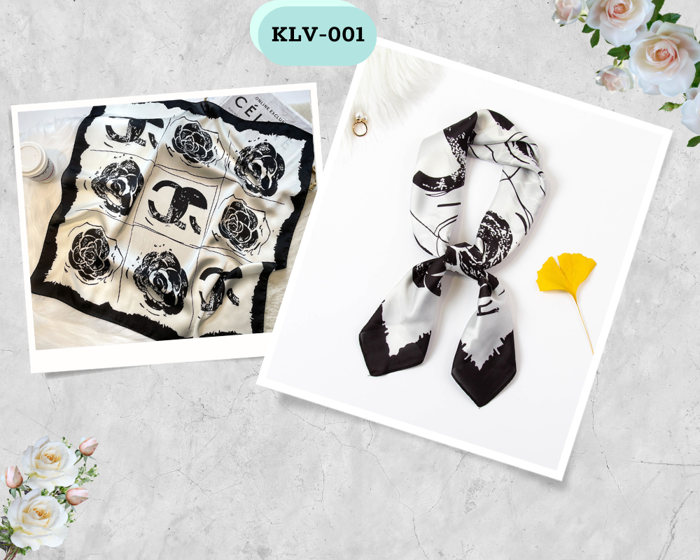 Khăn lụa vuông quàng cổ hoa hồng trắng đen cao cấp 70x70cm Khăn bandana lụa ThyThy băng đô,cột túi,áo yếm,đồng phục