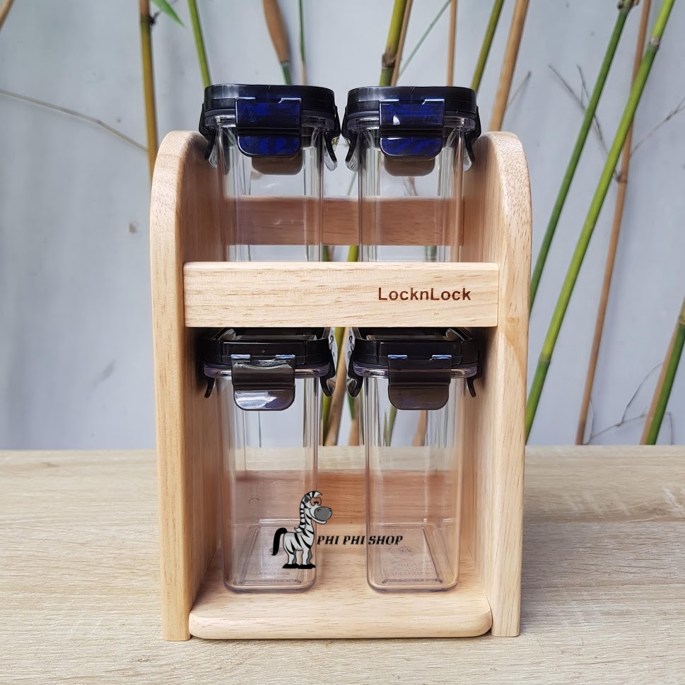 Bộ kệ gia vị 2 tầng lock&lock gồm 4 hộp nhựa tritan và 1 kệ gỗ 2 tầng hte571s4