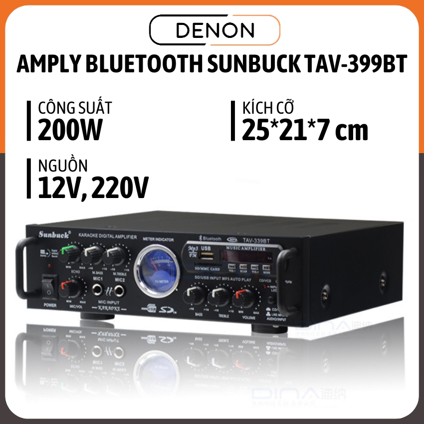 Amply bluetooth mini Sunbuck TAV-339BT, amply mini bluetooth 12V/220V Sunbuck 339, amply nghe nhạc hát karaoke hay, âm ly cho xe oto, amply gia đình xe hơi nhỏ gọn, bass căng, công suất lớn, đánh hay, có nguồn 12V, nhỏ gọn  dễ lắp đặt