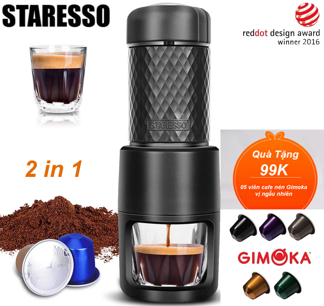 [Kèm Quà Tặng 99K] [Bản Nâng Cấp 2021] Dụng Cụ Pha Cafe Espresso Cầm Tay Cao Cấp Staresso Basic 2 Trong 1 - Pha Cả Cà Phê Bột Và Cà Phê Nén - Máy pha cà phê Staresso du lịch cắm trại dã ngoại máy pha cafe cầm tay văn phòng nhà bếp Basic