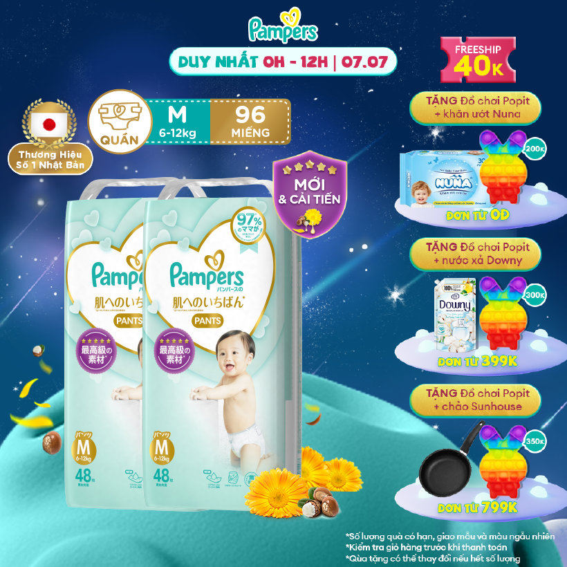 [7.7-9.7 MUA LÀ CÓ QUÀ] Combo 2 Tã/ Bỉm Quần PAMPERS Nhật Thượng Hạng Size M (48 miếng 6-11kg) Siêu Mềm Mại & Thoáng Khí