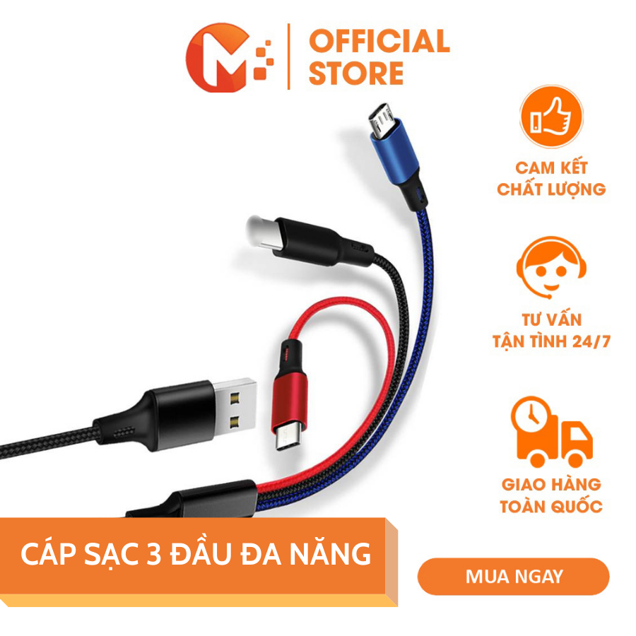 Cáp Sạc 3 Đầu Đa Năng Dây Dù 3 Đầu Sạc Type C Micro USB bọc dù cho điên thoại Iphone Samsung Oppo Vsmart