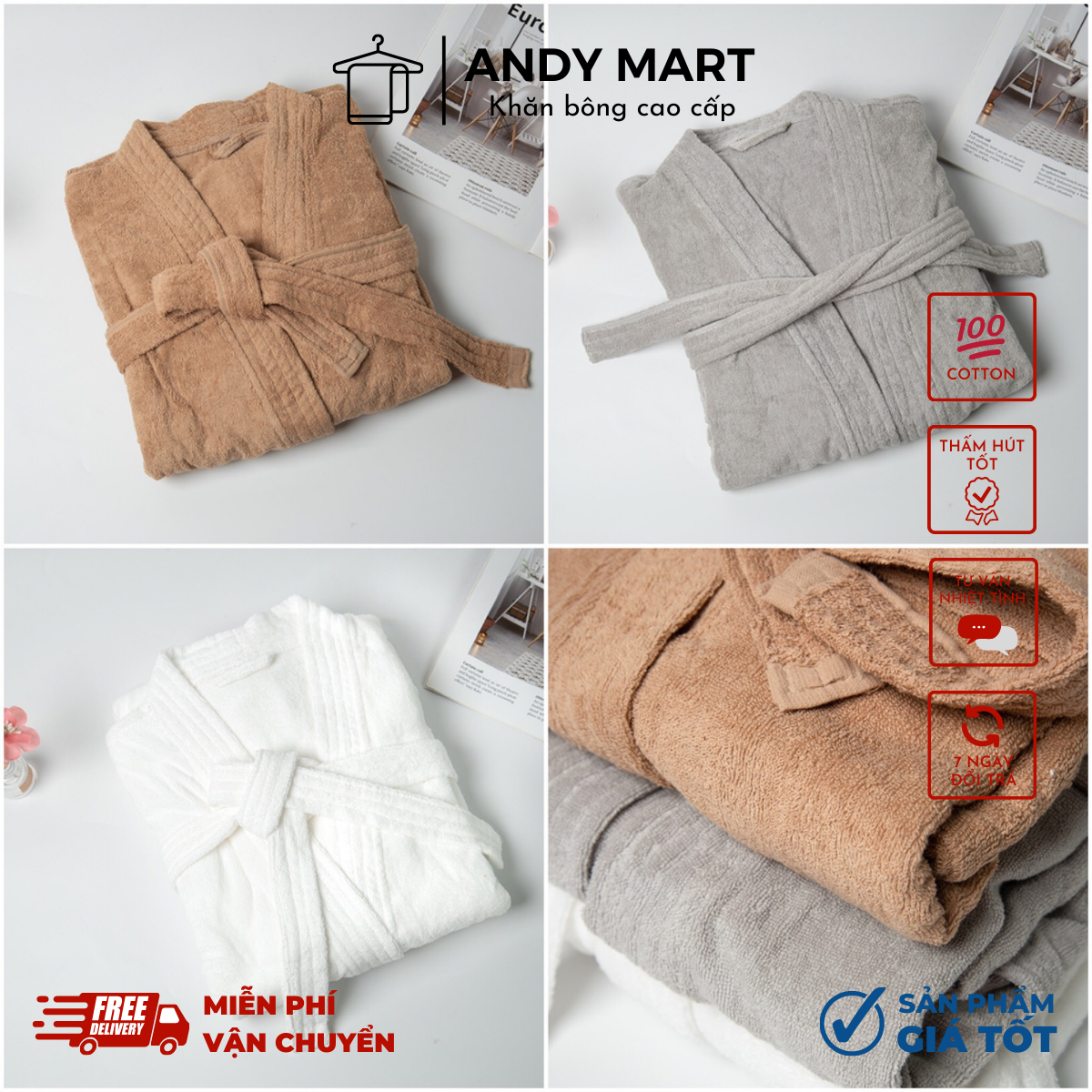 Áo choàng tắm, áo choàng ngủ cao cấp 100% cotton sợi bông mềm mại, dày dặn, giữ ấm tốt dùng trong khách sạn, resort, homestay