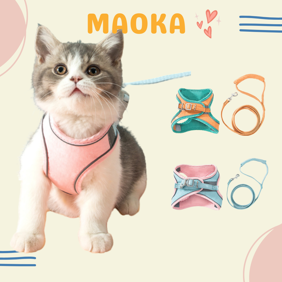 Dây dắt chó mèo đi dạo MAOKA, đai yếm dắt thú cưng MAOKA màu pastel cao cấp