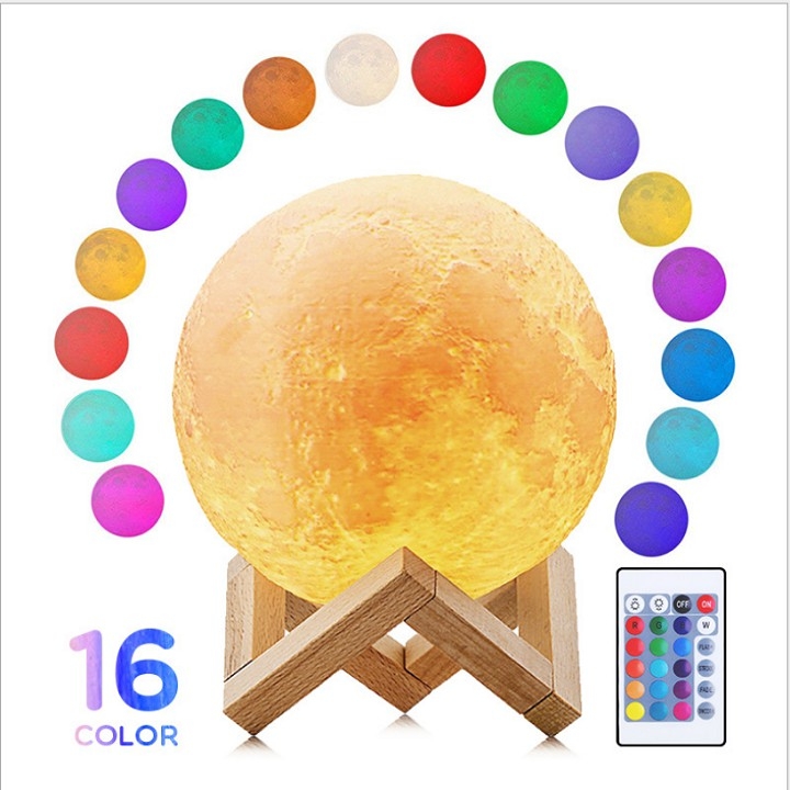 Combo đèn phòng ngủ hình quả cầu 3D ánh sáng đèn led đổi 16 màu độc đáo sạc cổng USB kèm Remote điều khiển từ xa + tặng giá đỡ bằng gỗ để bàn trang trí - đèn ngủ để bàn, đèn ngủ 3d, đèn ngủ cảm ứng