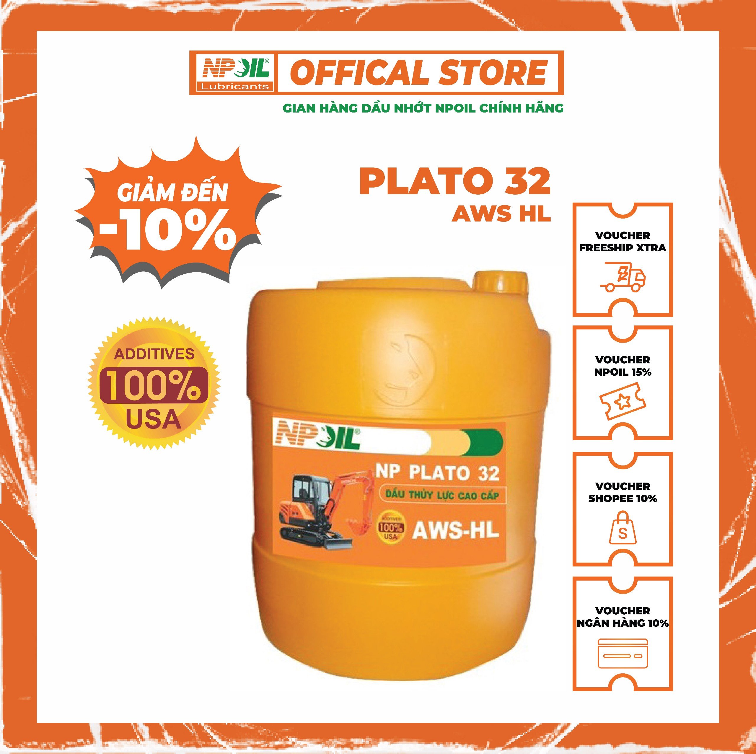 NPOIL - Dầu thủy lực chống mài mòn - NP PLATO AWS 32/46/68 HM/HL - CAN 18 Lít