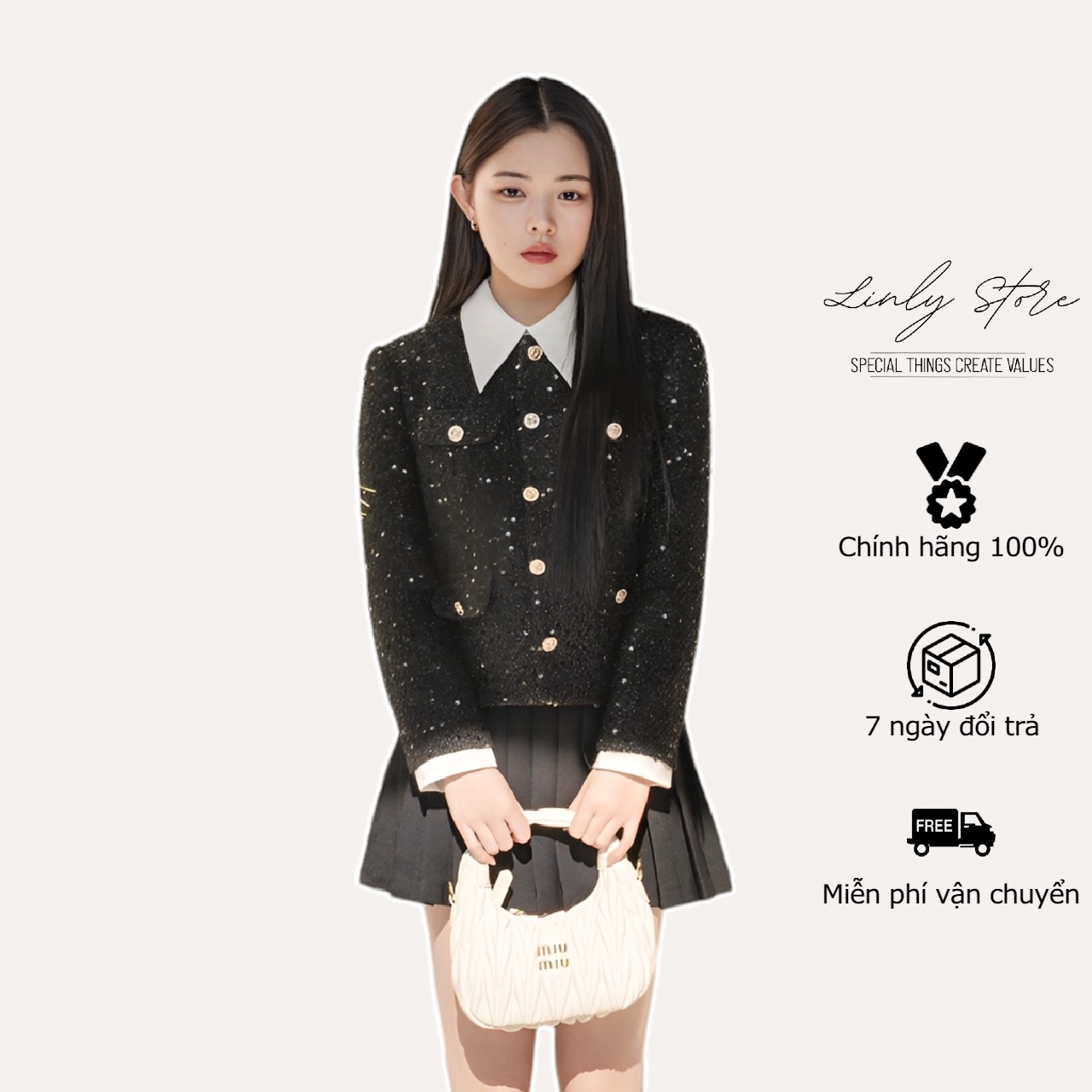 Set áo vest kiểu nữ chất dạ tweed kim sa đen, chân váy xếp ly Linly Store