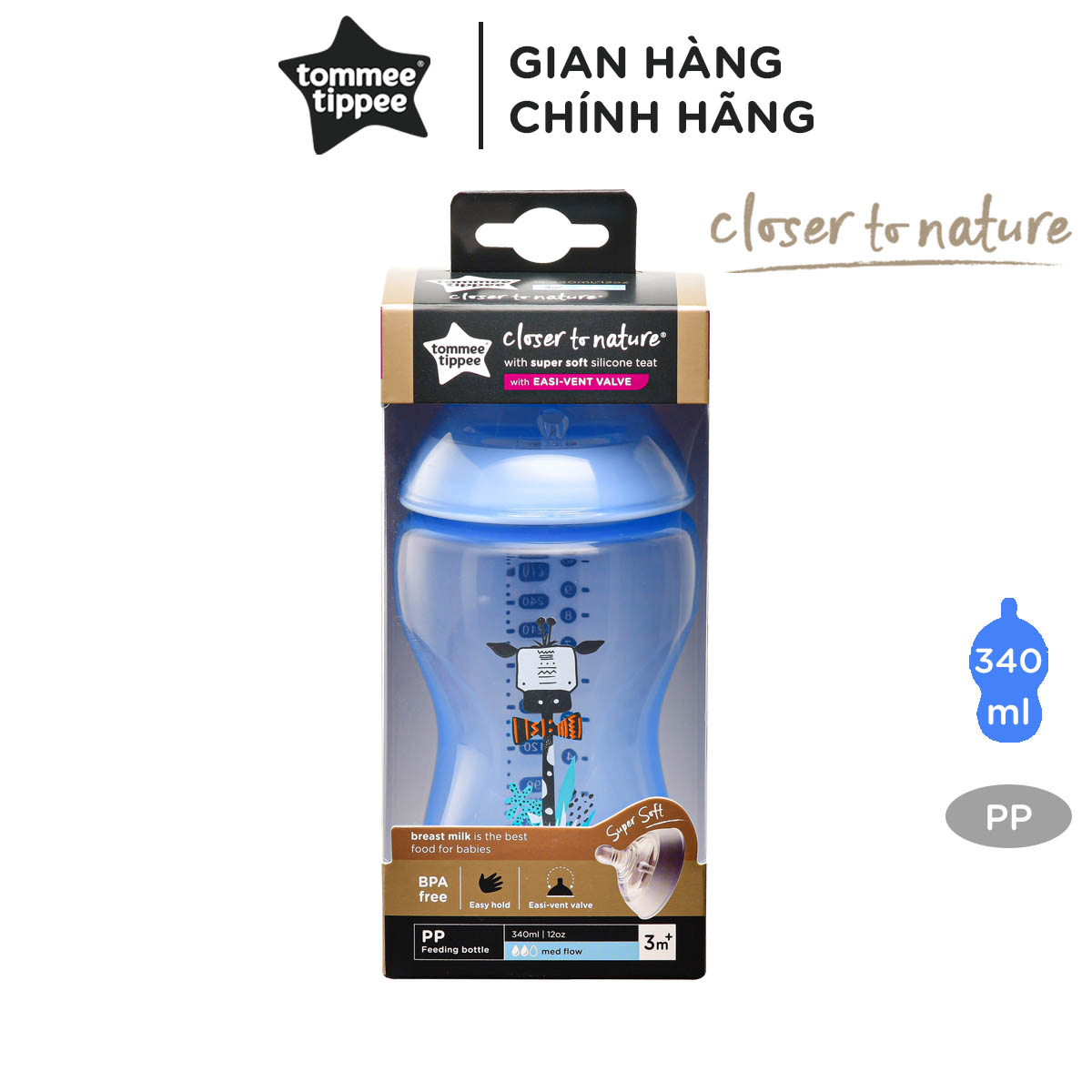 Bình sữa ty siêu mềm tự nhiên Tommee Tippee Closer to Nature 340ml, núm ty đi kèm 3-6 tháng - Xanh Dương