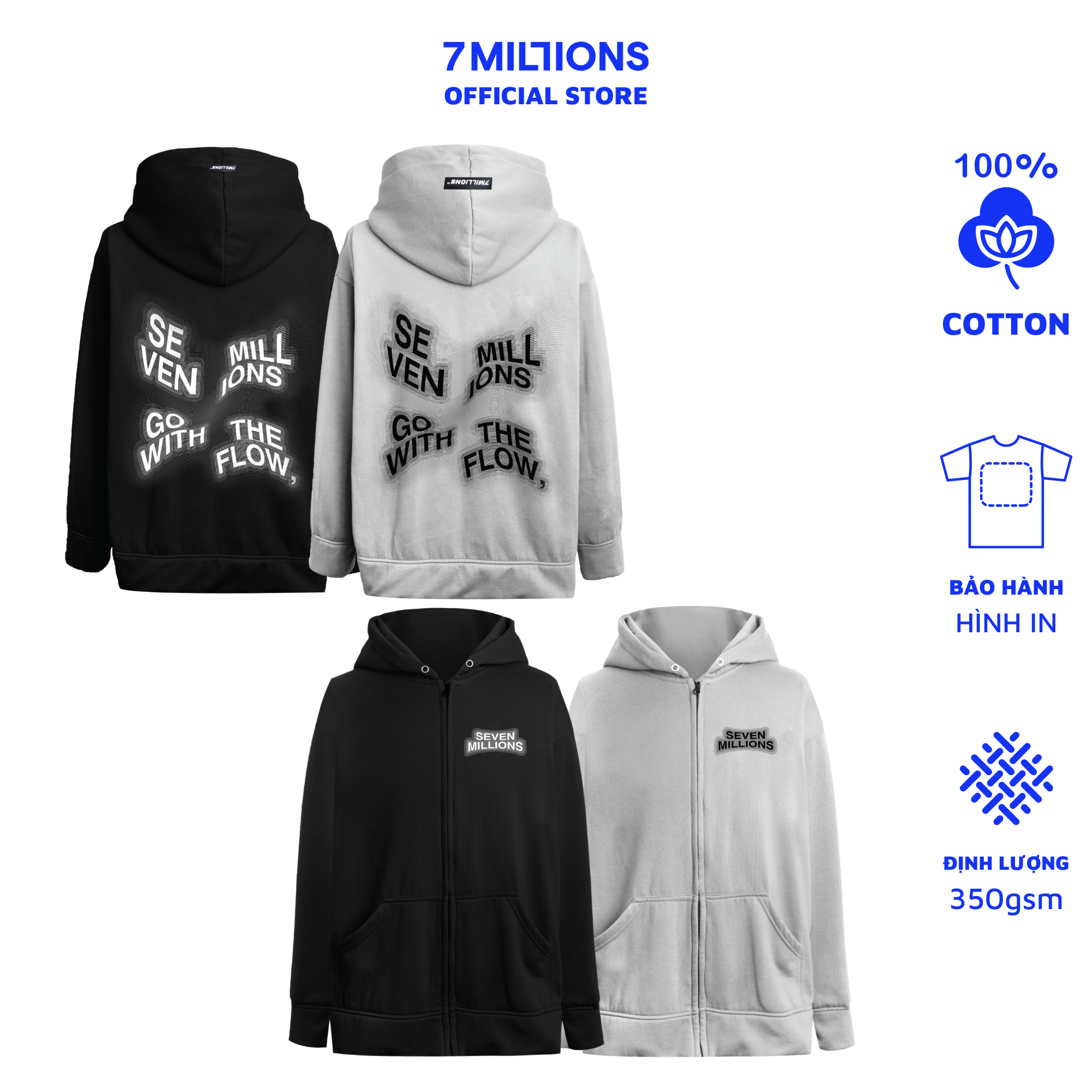 Áo khoác hoodie zip 7millions multiline - màu xám và đen - vải nỉ da cá- form oversized
