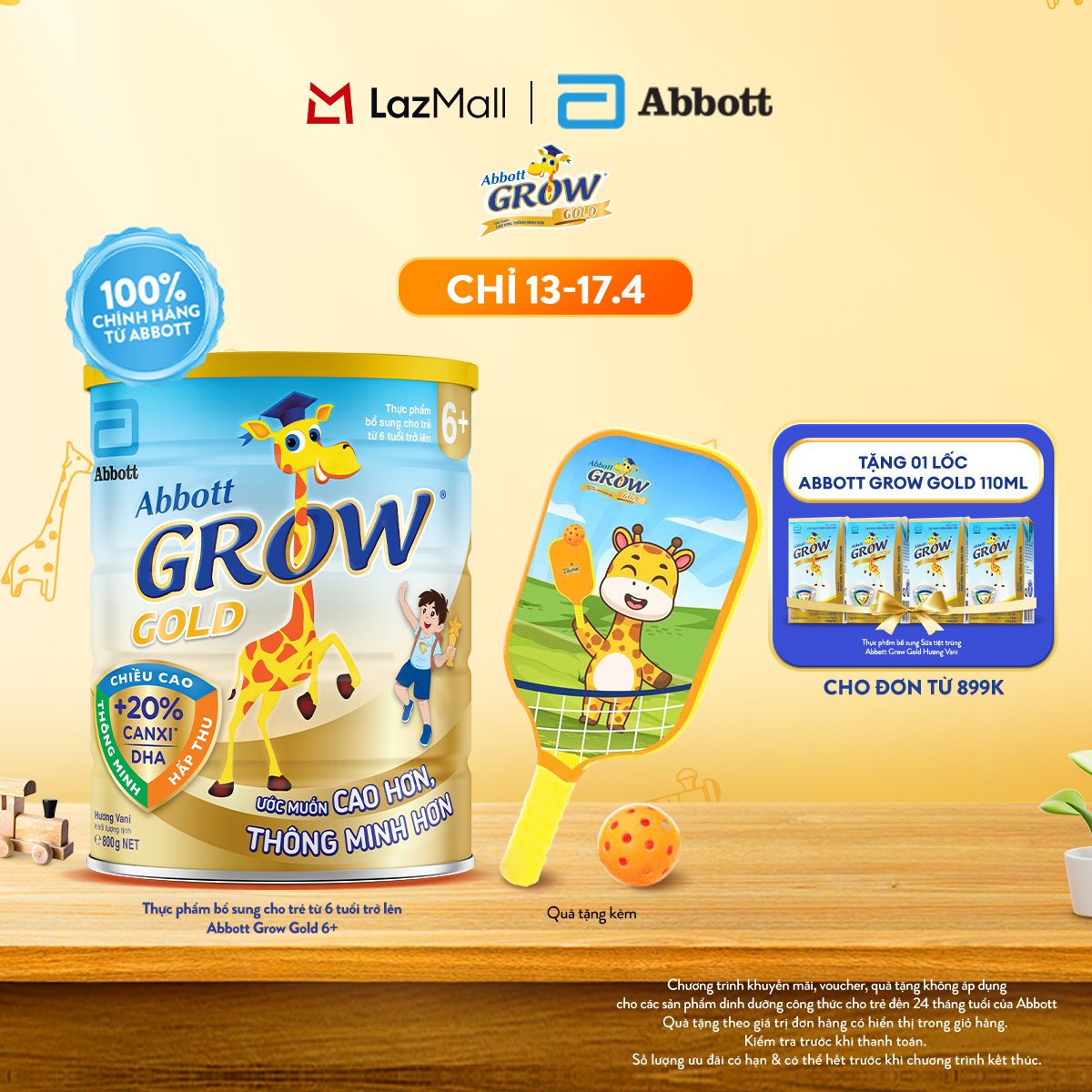 [CHỈ 13-17.04 QUÀ TẶNG CHO ĐH 899K-SLCH] Lon sữa bột Grow 6+ 800g tặng 1 Bộ đồ chơi vợt pickleball Grow