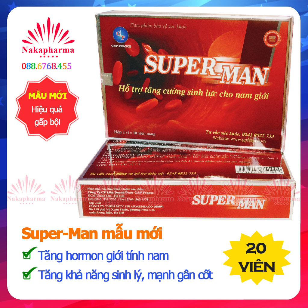 Bổ thận nam Super-Man 1h G&amp;P France – Giúp cải thiện chức năng sinh lý, tăng testosteron tự nhiên, kéo dài thời gian quan hệ, ngừa mãn dục sớm - Superman 1h GP - Supemen 1h - Super Men GP