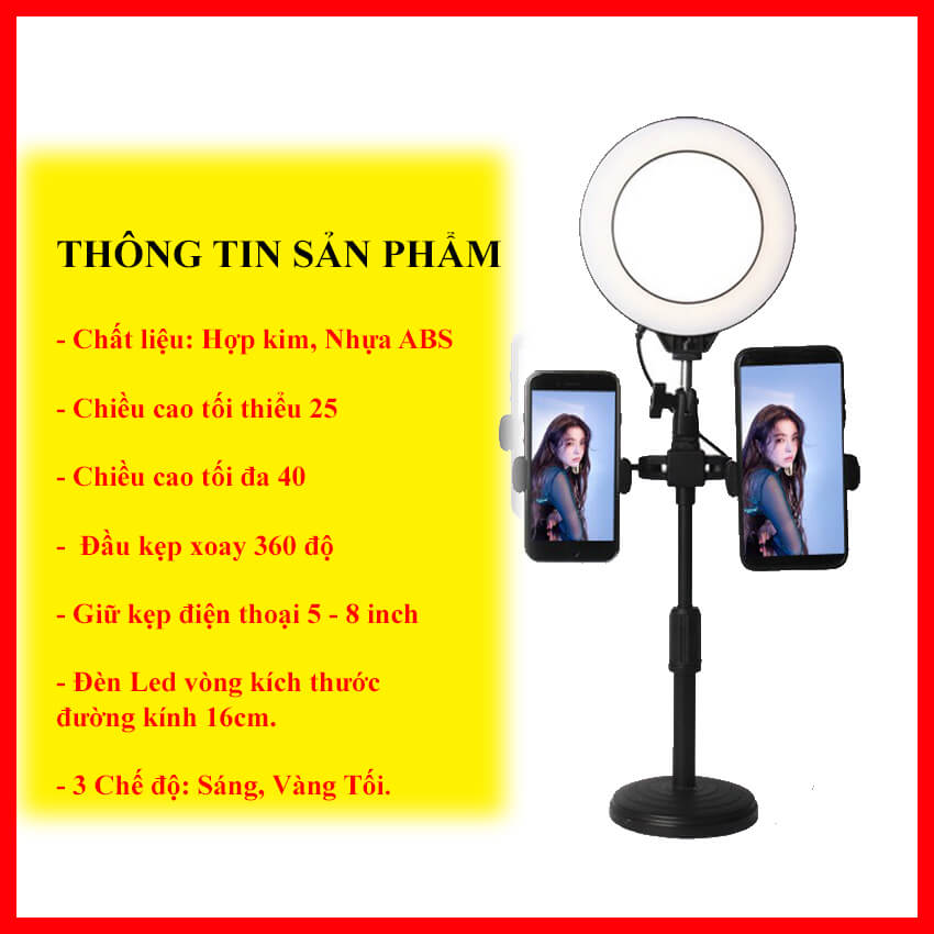 Giá Đỡ 2 Điện Thoại Livestream Quay Video Có Đèn Led Size 16cm, Đèn livestream để bàn mini tích hợp 2 giá đỡ kẹp điện thoại chữ T quay video bán hàng chuyên nghiệp, Cây livestream có đèn Led size 16cm 3 chế độ sáng
