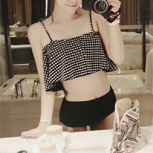 Bộ đồ bơi bikini đi biển 2 dây xanh caro đen trắng chất dẹp cạp cao