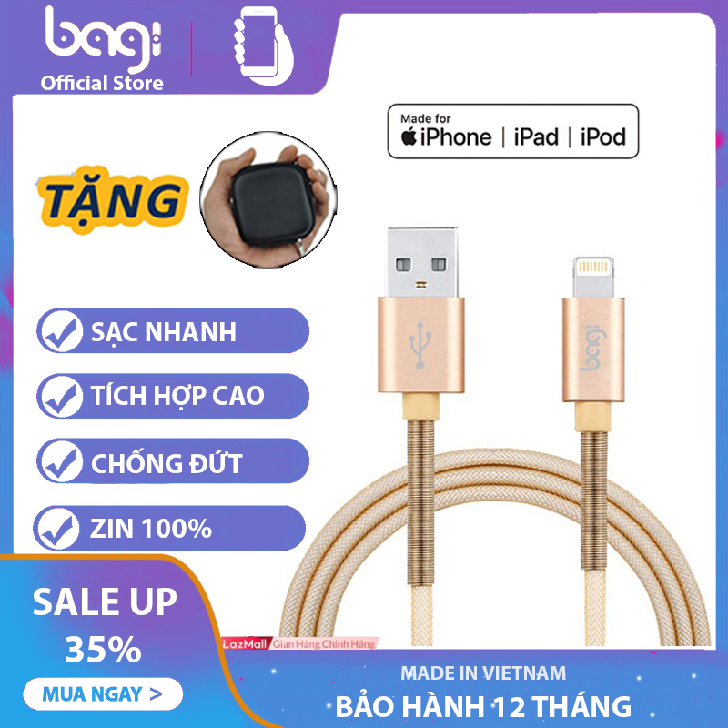 Dây Cáp Sạc Bagi Bọc Lò Xo Cho Iphone/Ipad/Ipod Dài 1m Siêu Bền-Sạc Và Truyền Dữ Liệu Nhanh Mã IF100-Bagi Boss Store
