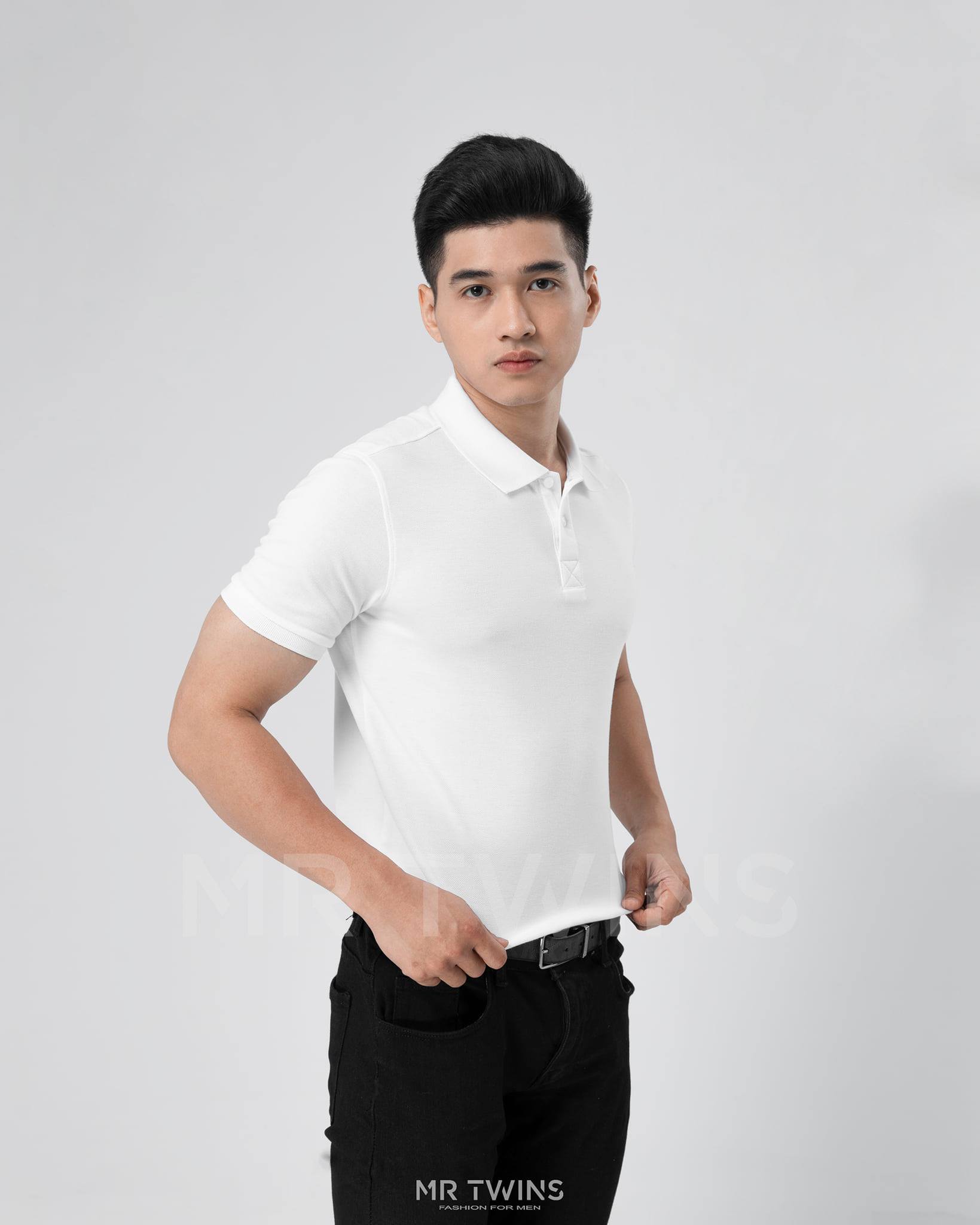 Áo polo nam cổ bẻ basic màu trắng vải cotton cá xấu thương hiệu mrtwins®