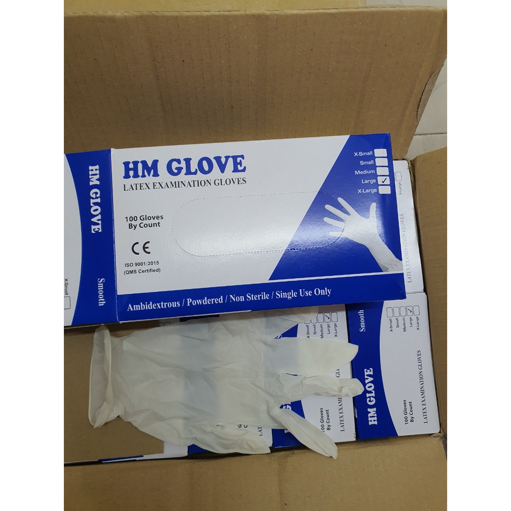 Găng tay Latex có bột HM Gloves hôp 100 chiếc màu trắng