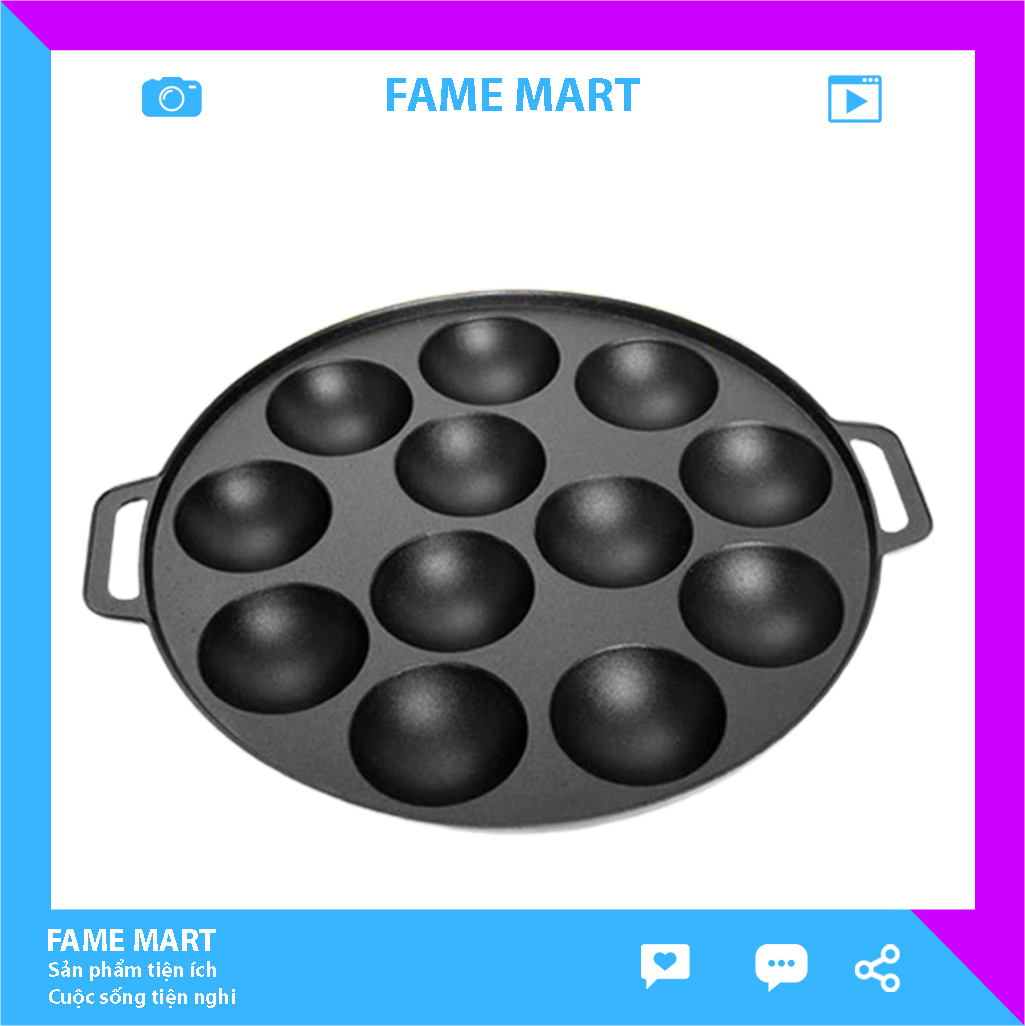 Chảo bánh khọt chống dinh 12 lỗ FAME MART có nắp