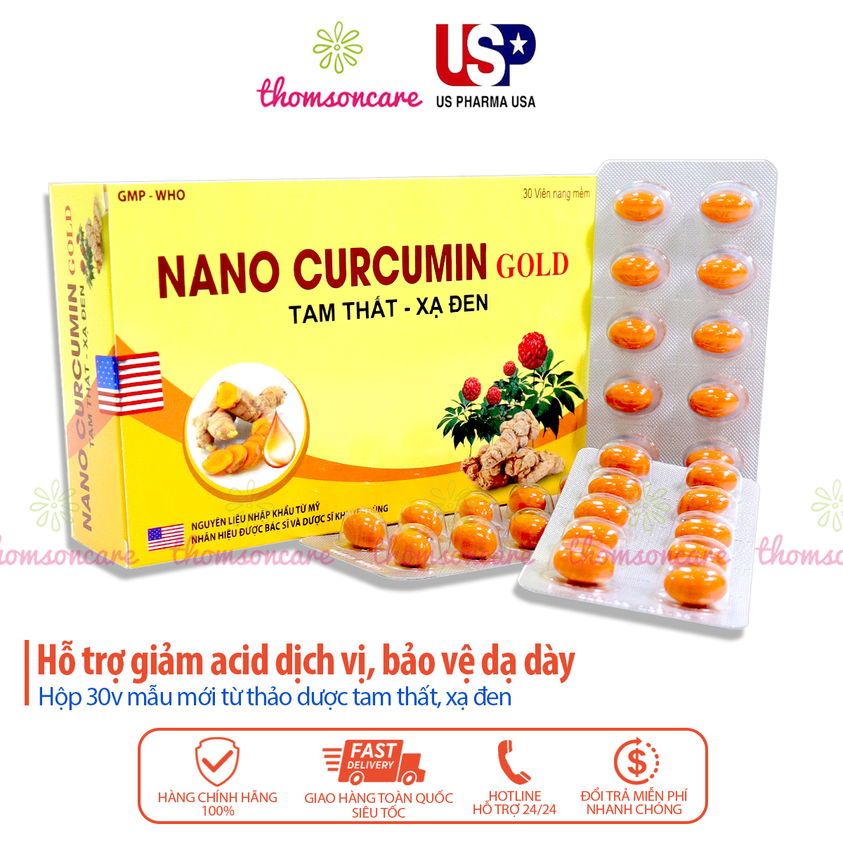Nano Curcumin Gold Tam thất xạ đen - Hỗ trợ giảm đau dạ dày từ thảo dược - Hộp 30 viên