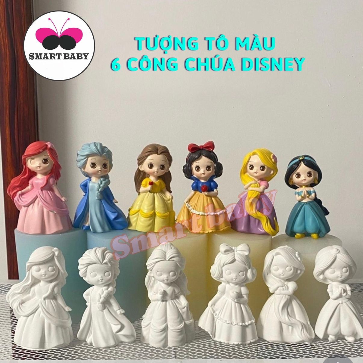 Tượng thạch cao tô màu 6 công chúa disney size 8cm tượng hottrend - smart baby