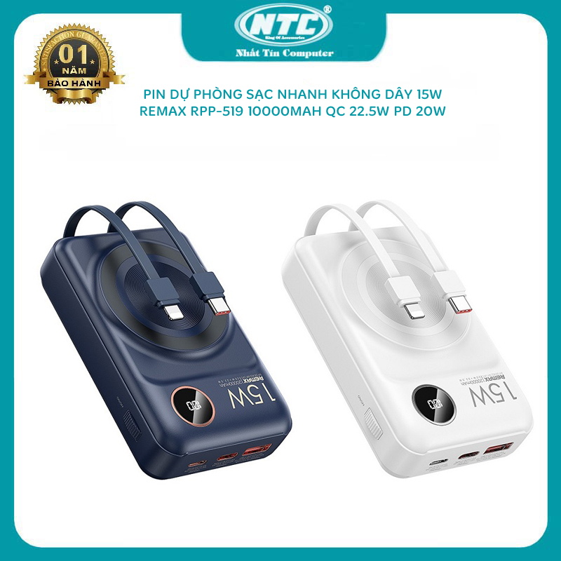 Pin dự phòng không dây Remax RPP-519 20000mAh tích hợp 2 dây sạc  nhanh - hỗ trợ QC 22.5W /Magsafe 15W /PD 20W (2 màu) Nhất Tín Computer