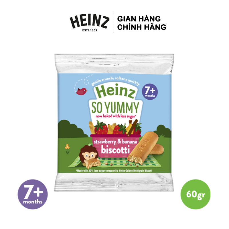 Bánh Quy Ăn Dặm biscotti Vị Dâu Và Chuối HEINZ 60g (ít đường) (Date: T8/2024) (Bé 7 tháng tuổi)