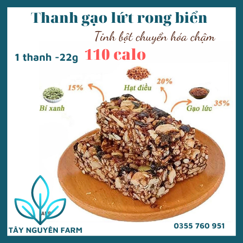 Thanh gạo lứt ngũ cốc mix rong biển,granola bar Tây Nguyên Farms, ngũ cốc ăn kiêng, gym, yoga, eat clean, giảm cân tăng cơ,gói 500g