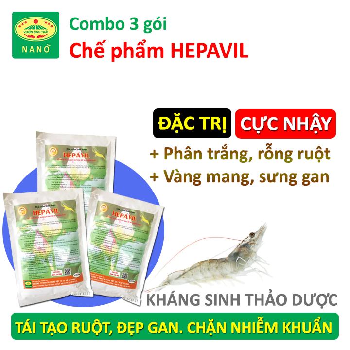 3 gói Chế phẩm sinh học Thảo Dược HEPAVIL đặc trị bệnh rỗng ruột, phân trắng, vàng mang, sưng gan trên Tôm, Cá, Ếch