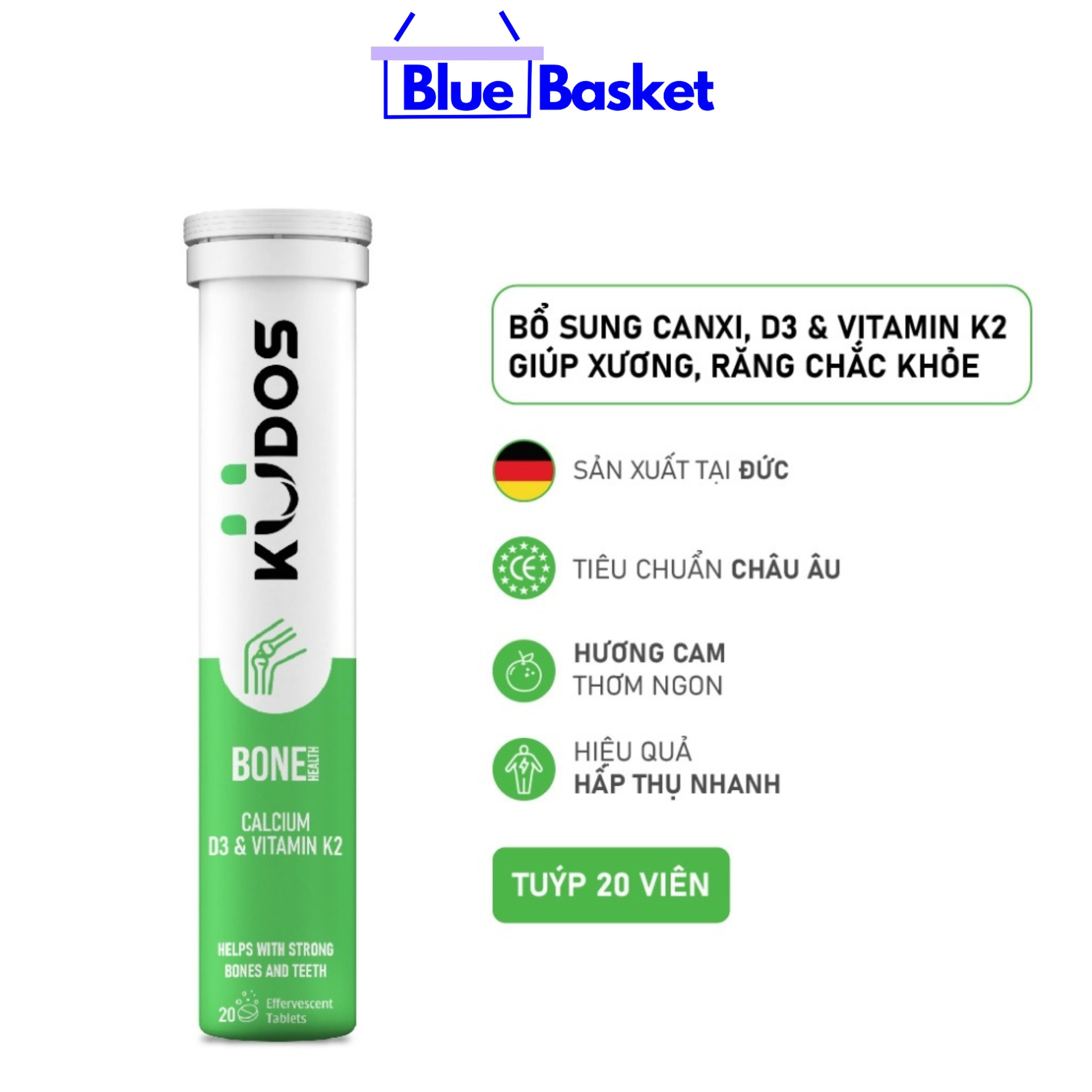 Viên sủi KUDOS Cho Xương- Thực phẩm bảo vệ sức khỏe KUDOS BONE HEALTH CALCIUM, D3 & VITAMIN K2 (20 viên/ tuýp).