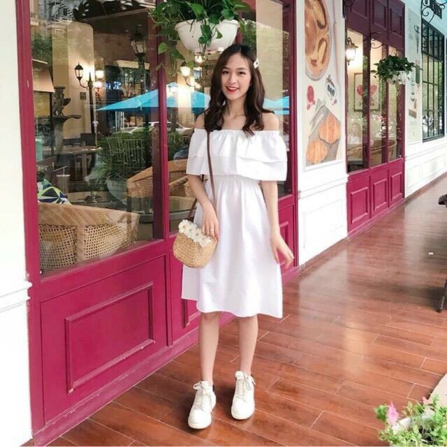 Váy trễ vai hai tầng siêu xinh vải lụa mềm mại SIÊU XINH
