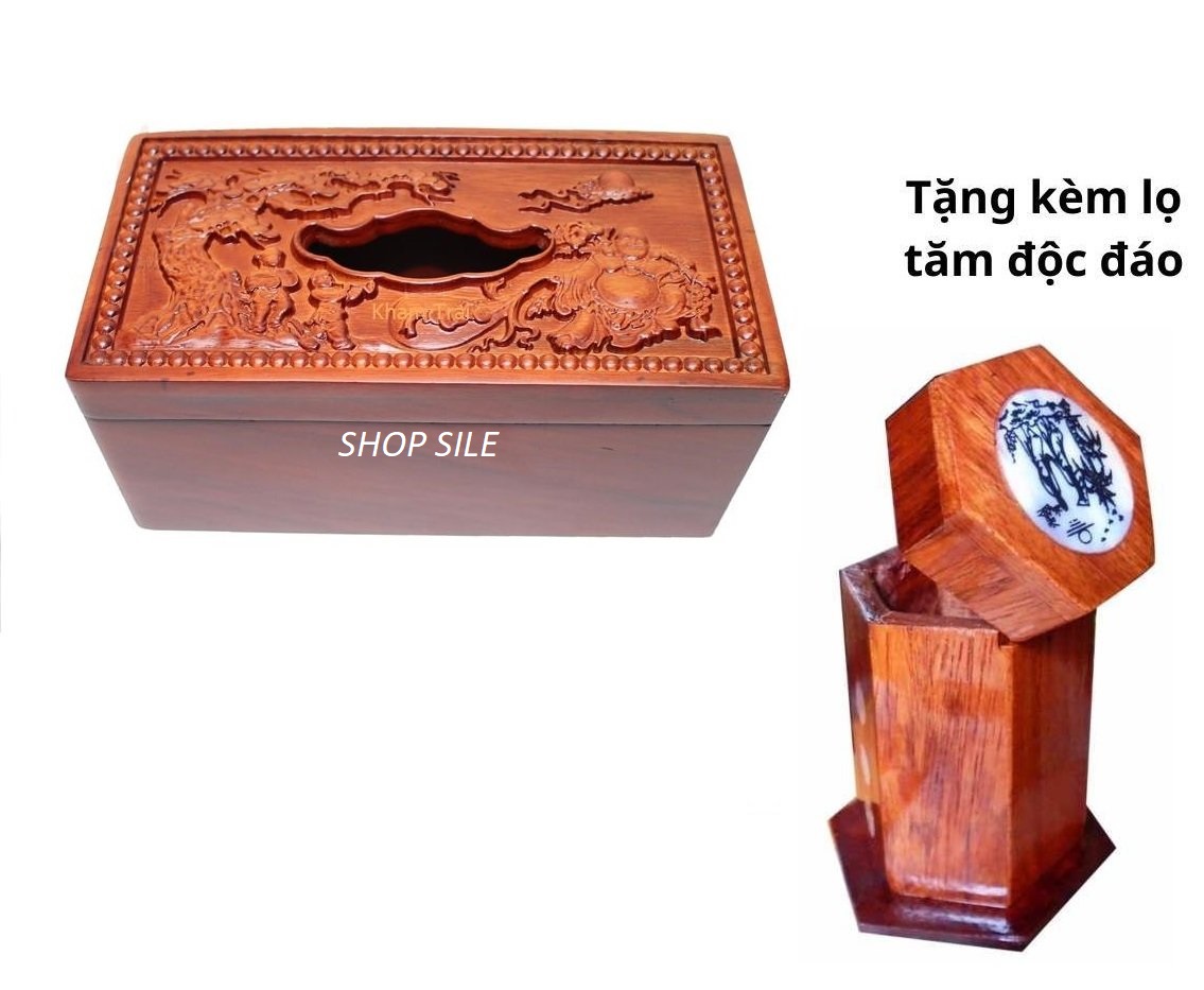 Mua Hộp đựng khăn giấy gỗ HƯƠNG đỏ tự nhiên cao cấp mặt đục Phật Di Lặc tặng 1 ống tăm