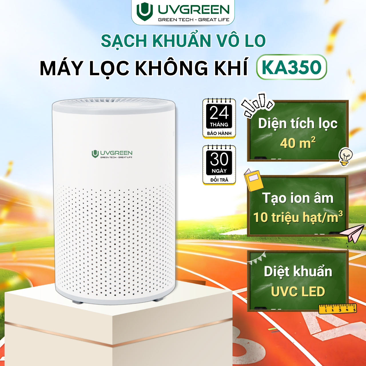  Máy Lọc Không Khí Diệt Khuẩn UVGREEN KA350 40m2 - UVC LED Lõi Lọc HEPA H13 Lọc Sạch Bụi Mịn Mùi Khói Bảo Hành 24 Tháng 