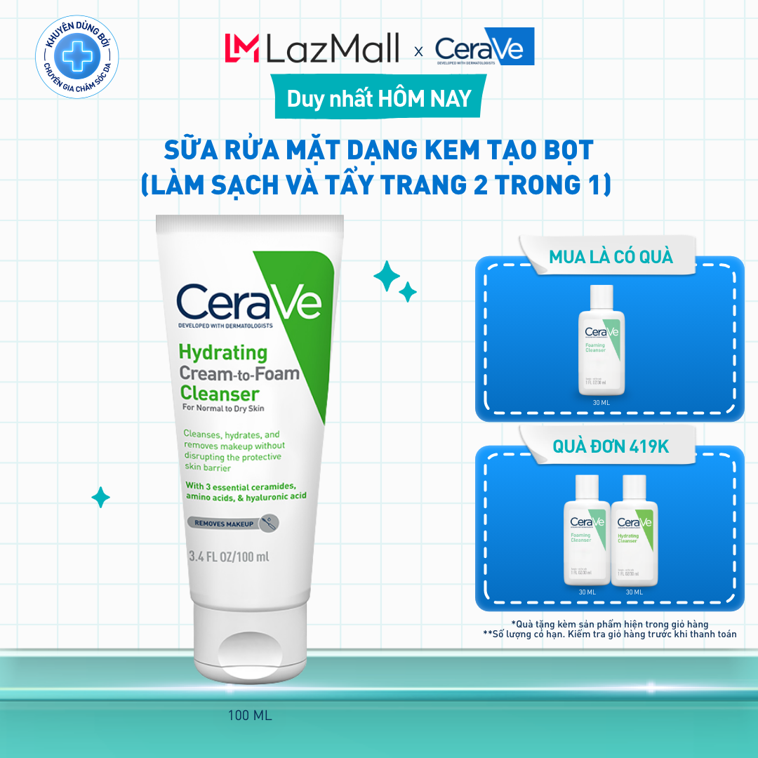Sữa rửa mặt dạng kem tạo bọt (làm sạch và tẩy trang 2 trong 1) Hydrating Cream-to-Foam Cleanser 100ml