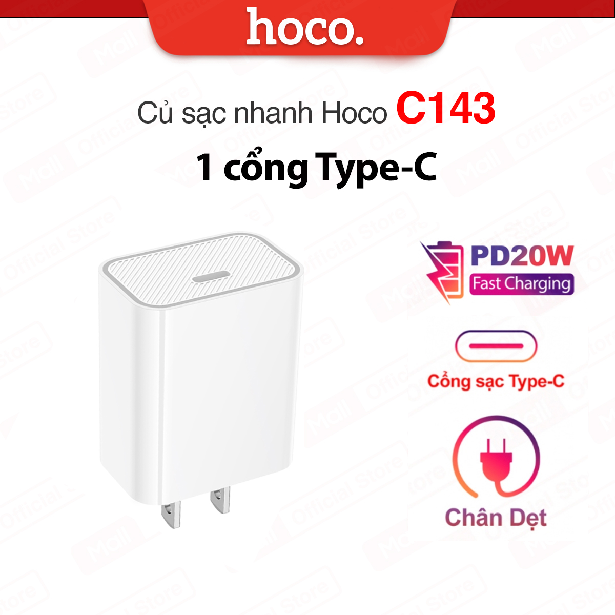 Củ sạc nhanh PD20W Hoco C143 1 cổng Type-C tương thích mọi thiết bị , chân dẹt