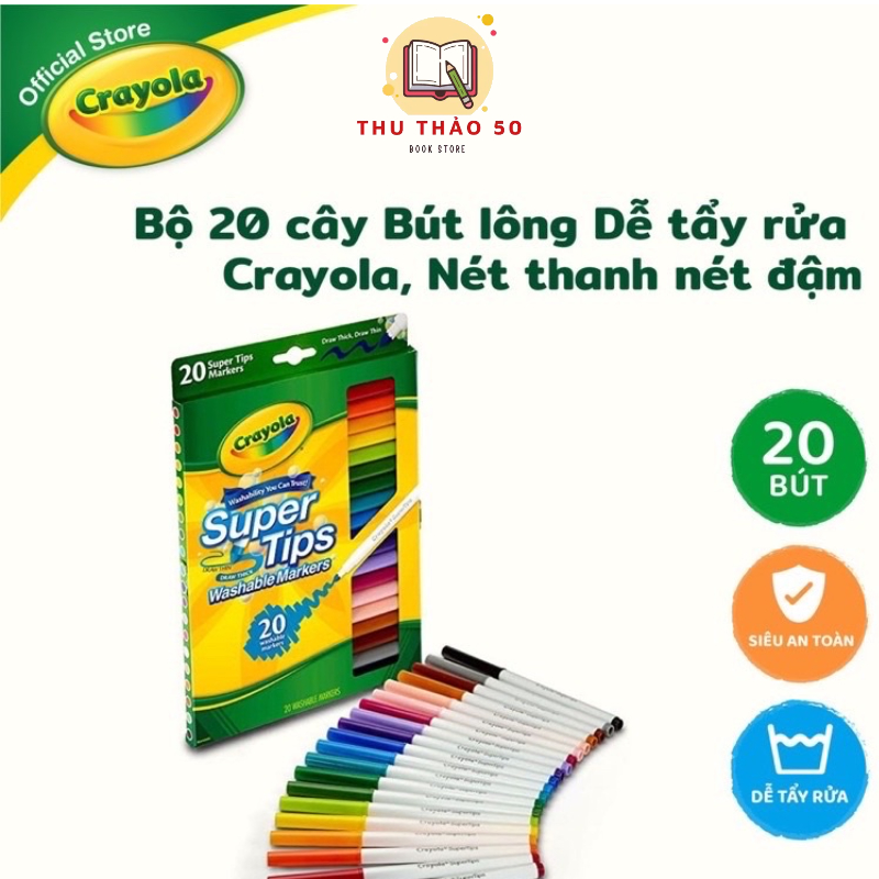 Bộ bút Marker 20 màu tẩy rửa được Crayola Super Tips.
