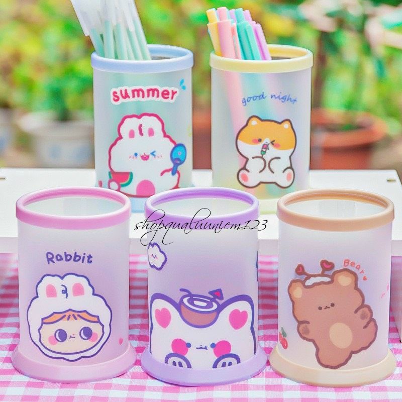 😽 Ống Cắm Bút Tròn Nhựa Trong Suốt In Hình Hoạt Hình Siêu Dễ Thương 😽
