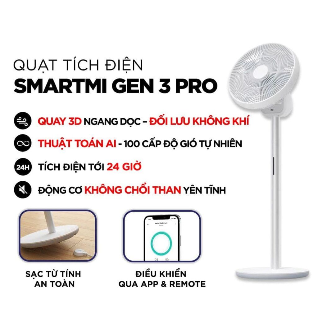 Quạt đứng tích điện đối lưu thông minh Xiaomi Gen 3 Pro, đông cơ DC, Kết nối App, Pin đến 24 giờ