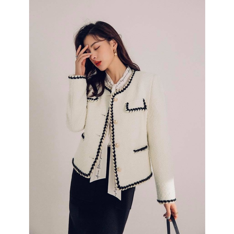 Áo Dạ Tweed Trắng Cổ Tròn Quynh Design
