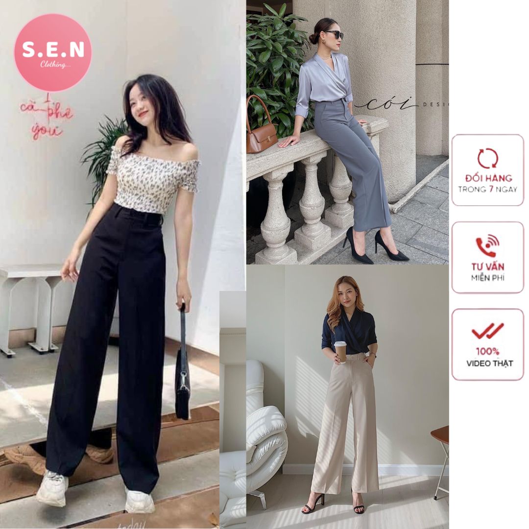 Quần ống rộng cạp cao cài cúc khoá