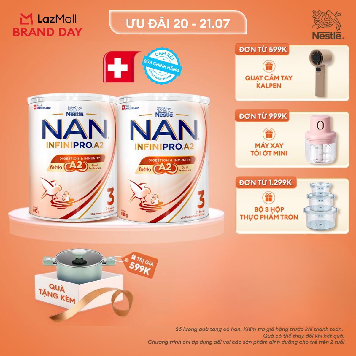 [CHỈ 20-21.07 QT ĐƠN 599K/999K/1299K][Tặng Nồi chống dính elmich 18cm] Combo 2 lon Sữa bột Nestle NAN INFINIPRO A2 3 800g Cho Bé 2 - 6 Tuổi Có Đạm A2, 6HMO & Lợi Khuẩn Kép hỗ trợ tiêu hóa, đề kháng
