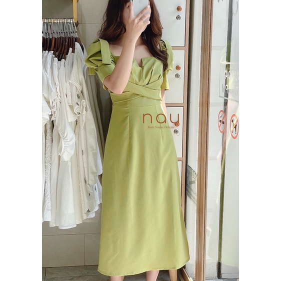 Đầm midi Xanh - Trắng chéo eo nơ vai
