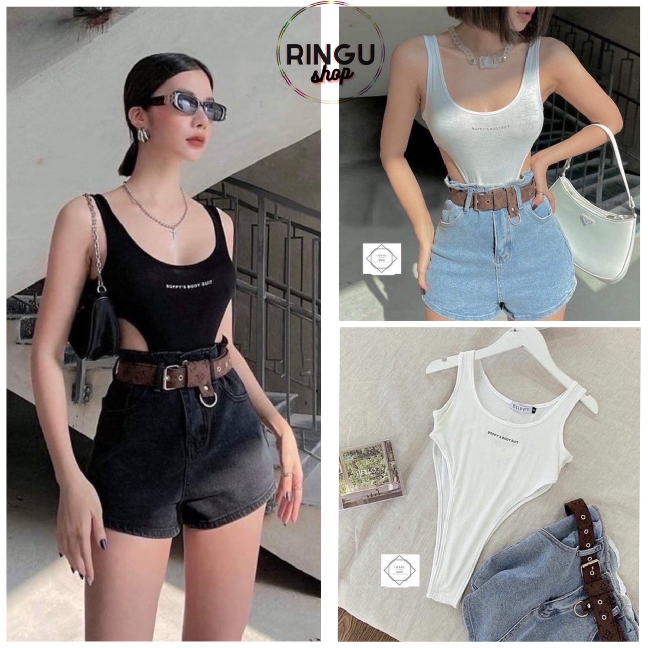 Áo liền quần bodysuit ba lỗ ôm body in chữ- Ringu shop