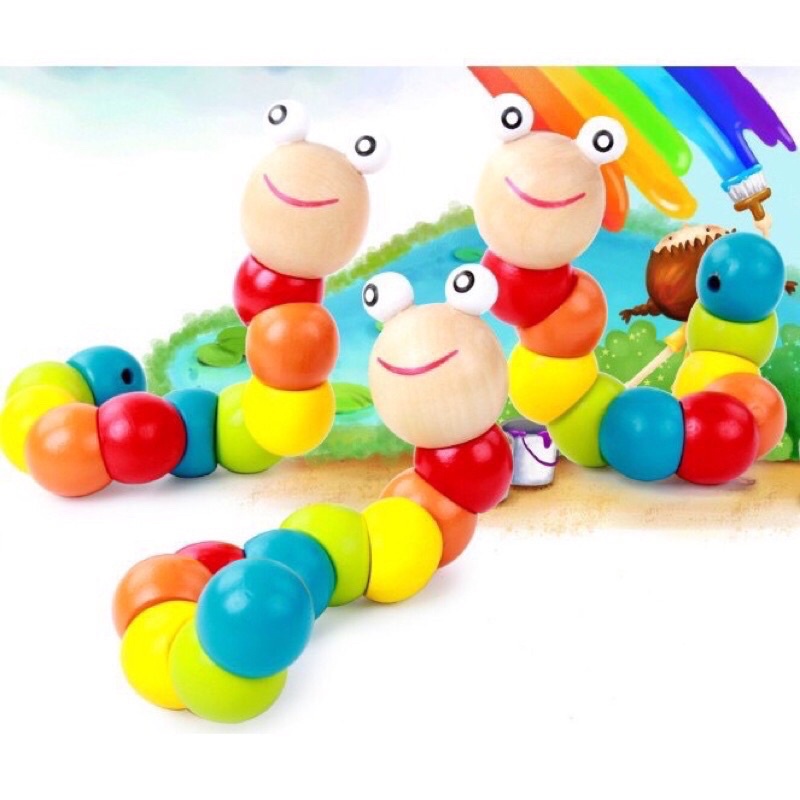 Đồ chơi sâu gỗ uốn dẻo nhiều màu sắc montessori