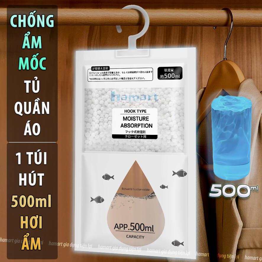Túi Hút Ẩm 2 Ngăn 120gr Hạt Chống Ẩm Mốc Có Móc Treo Tủ Quần Áo Bịch Lớn Tiện Lợi