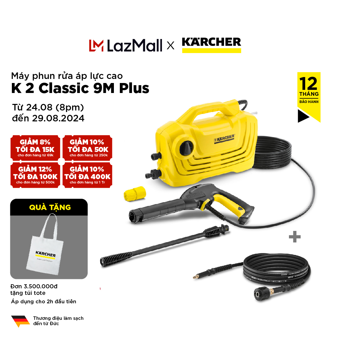 Máy phun rửa áp lực cao 1400w karcher k2 classic 9m plus, dây xịt áp lực nối dài 9m, áp lực phun xịt 110 bar - bảo hành 15 tháng