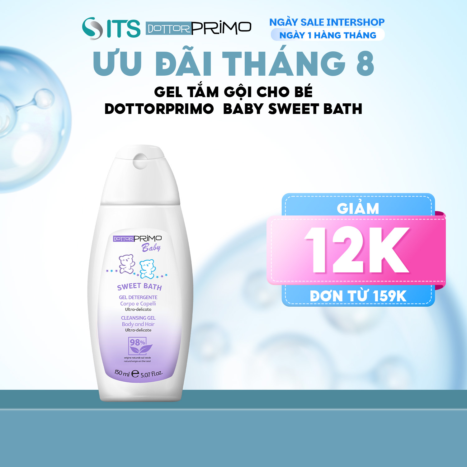 Sữa tắm gội cho bé DottorPrimo Sweet Bath 150ml - gel tắm gội trẻ em cung cấp độ ẩm, hương thơm nhẹ dịu thoải mái