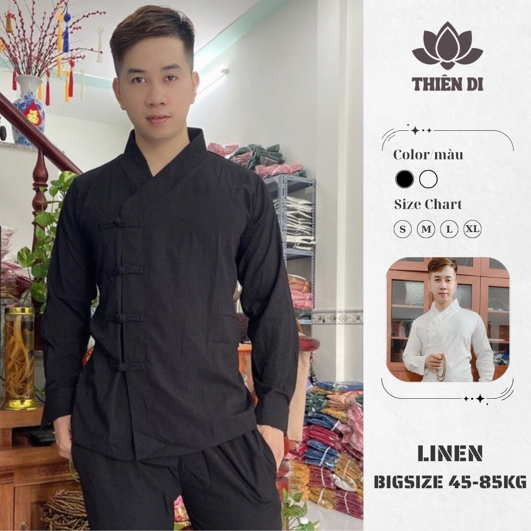 Đồ lam đi chùa nam chất vải linen gân chéo nhật nút tàu Thiên Di - Pháp phục đi chùa nam cao cấp dành cho phật tử D43