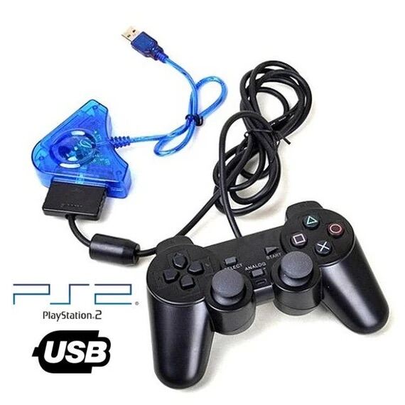 tay cầm ps2 A cao cấp kèm cổng chuyển cho pc tay cầm Ps2 và cổng chuyển sang Pc laptop