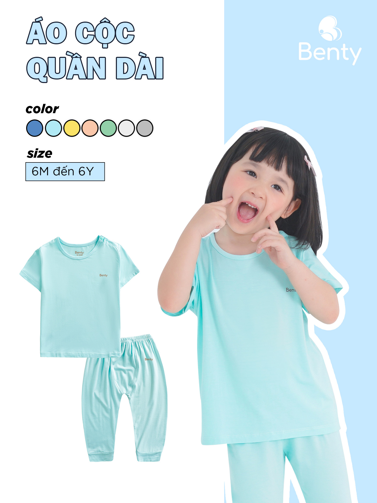  Set áo cộc quần dài BENTY màu trơn basic chất liệu mềm mịn mát cho bé đồ mặc ngủ bé trai bé gái 