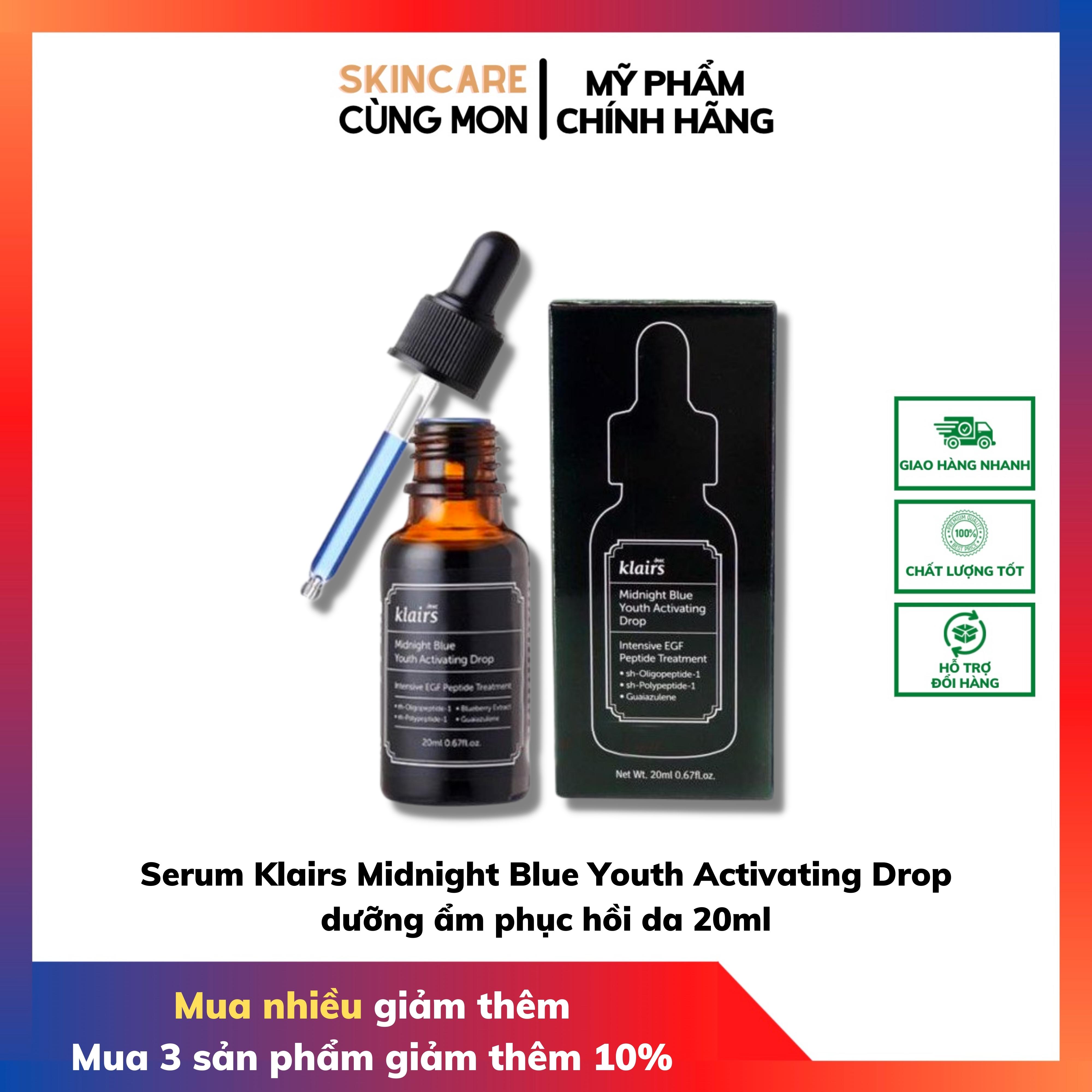 Serum Klairs Midnight Blue Youth Activating Drop dưỡng ẩm phục hồi da 20ml